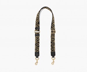 Marc Jacobs The Thin Outline Logo Webbing Bag Strap Black / Gold | Australia_MJ23566