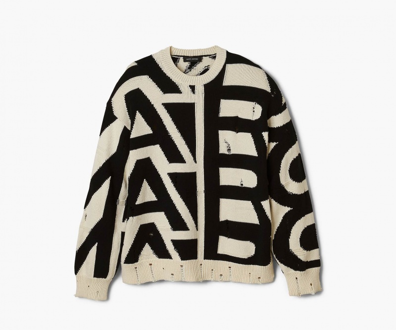 Marc Jacobs Distressed Monogram Oversize Sweater Tops Cream / Black | Australia_MJ89388